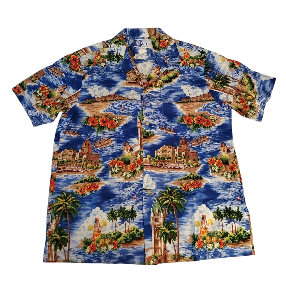 RJC Hawaii Tropical Collared Button Up Shortsleeve Shirt Hawaiian USA Made HULA